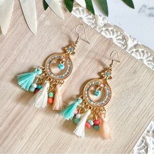 2/$30🌵 Pastel Bead Geo Boho Tassel Fringe Dangle Gold Tone Earrings Jewelry NEW
